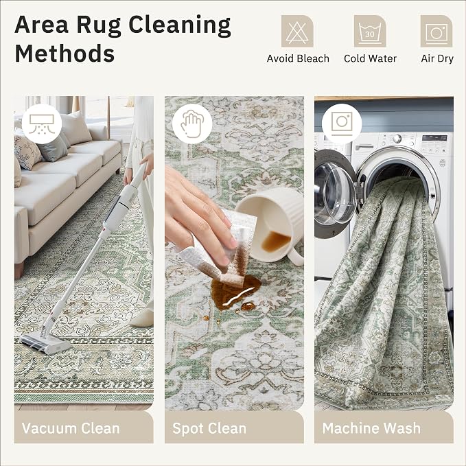 Soalmost 9x12 Area Rugs for Living Room Washable Rug Non-Slip Green/Brown | - Image 9