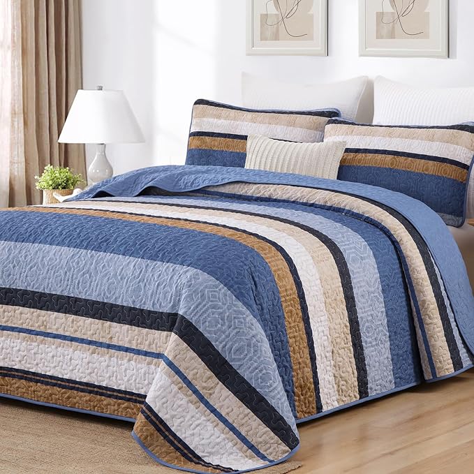 Dobuyly King Size Striped Quilt, Boho Blue Lightweight Bedspread Bedding Set | by Dobuyly