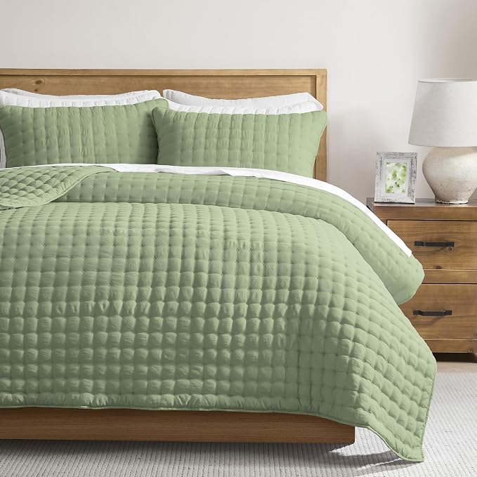WDCOZY Sage Green Cloud Quilt Set Queen Size, Lightweight Soft Cross Stitch by WDCOZY