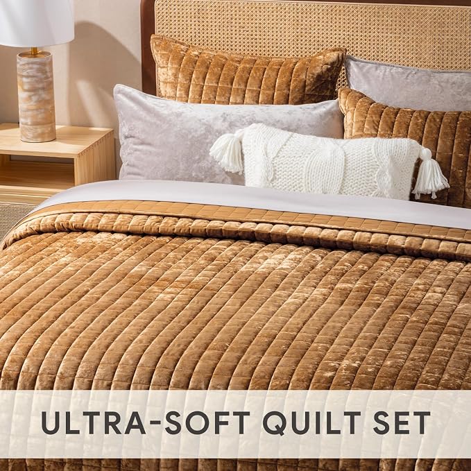 RECYCO Channel Box Stitch Velvet Quilt Set, Full Queen Size, Caramel Gold | - Image 5