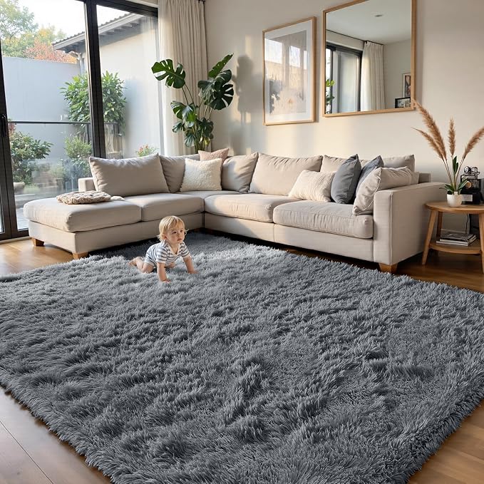 Grey 9x12 Area Rugs for Living Room, Fluffy Shag Rug Large Bedroom Carpet | - Image 2