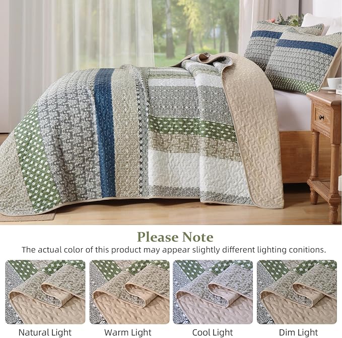 WONGS BEDDING King Quilt Set Khaki Green, 3 Pieces Striped Bedspread | Ultra - Image 8