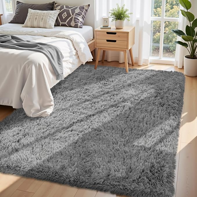 5x8 Area Rug for Living Room, Light Gray Fluffy Shag Non-Slip Bedroom Rugs | - Image 2