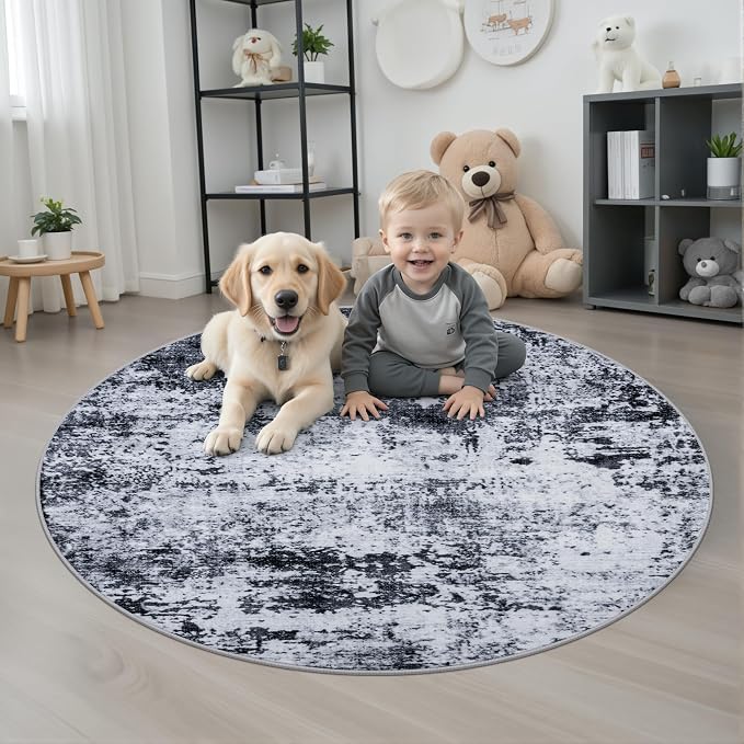 Round Area Rug Living Room: 5 ft Modern Washable Carpet Black | - Image 2