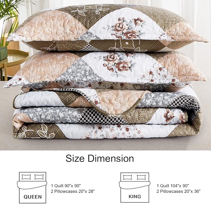 Dinjoy Patchwork Quilt Set Queen Size, Boho Floral Bedspreads, 3 Pieces | - Image 5