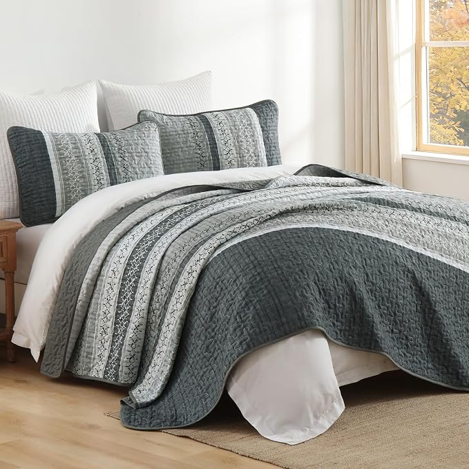 Cottolester Gery Quilt Set Full, Soft Striped Texture Bedspread Coverlet Set | - Image 9