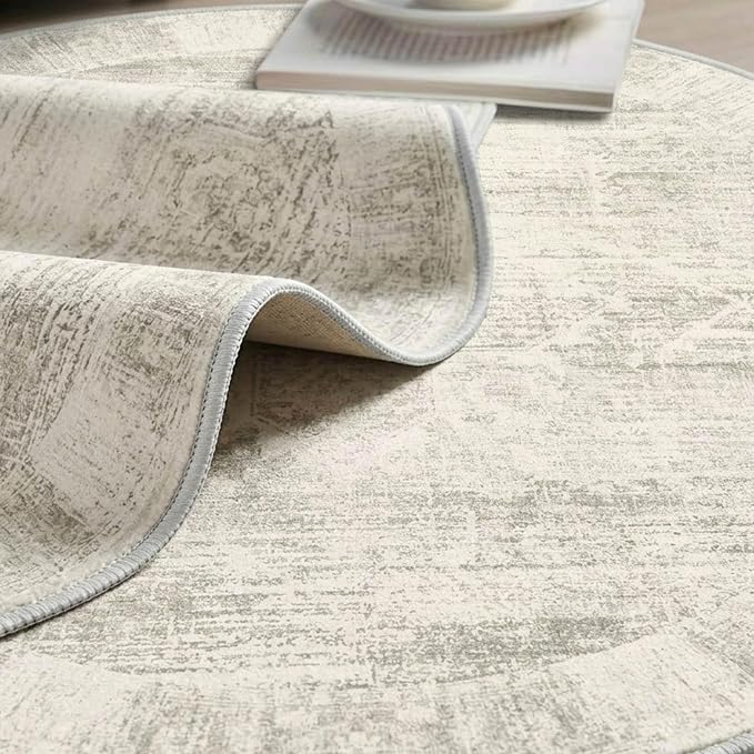 Latte&Fog 4ft Round Area Rug forBedroom Washable Circle Neutral Ivory Rug | Non - Image 7