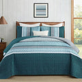 Cottolester Teal Quilt Set Queen Size, Soft Striped Texture Quilt Set 3 Pcs | by Cottolester