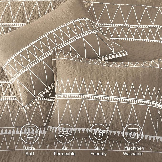 Taupe California King Quilt Set, 3 Pieces Boho Striped Bedspread | Soft - Image 5