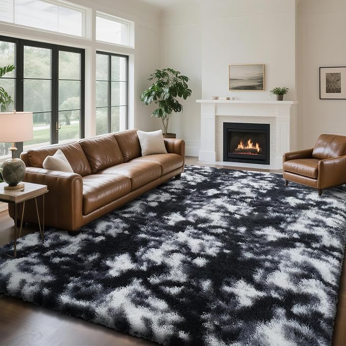 Mottled Black 9x12 Area Rugs for Living Room, Fluffy Shag Rug Large Carpet | - Image 2