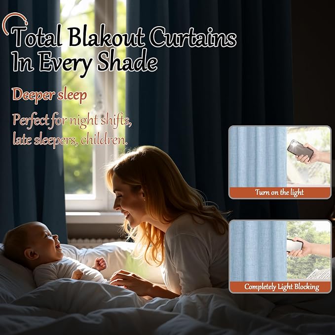 Baby Blue Linen Blackout Curtains 84 Inch Long Each 60 Wide 2 Panels | Thermal - Image 3