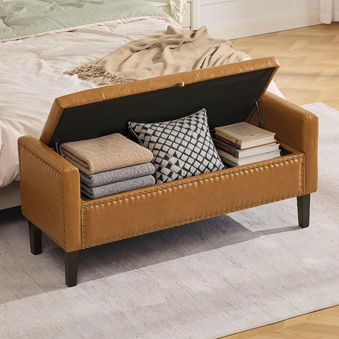 WUTUTUEE 47" Modern Water-Resistant Faux Leather Storage Ottoman Bench - Image 7