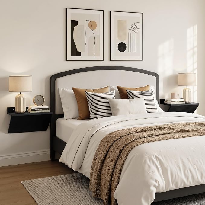 Floating Nightstand Set of 2 Black Wood Bedside Table Wall Mounted | Z-Shape - Image 7