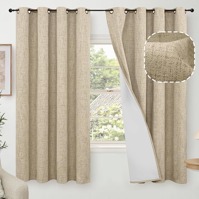 Burlap Linen Blackout Curtains 63 Inch Long Each 60 Wide 2 Panels | Thermal by Lajode