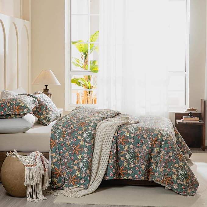 QSH 3Pcs Floral King Quilt Set -100% Cotton Quilt King Size Bedding Set Luxury - Image 9