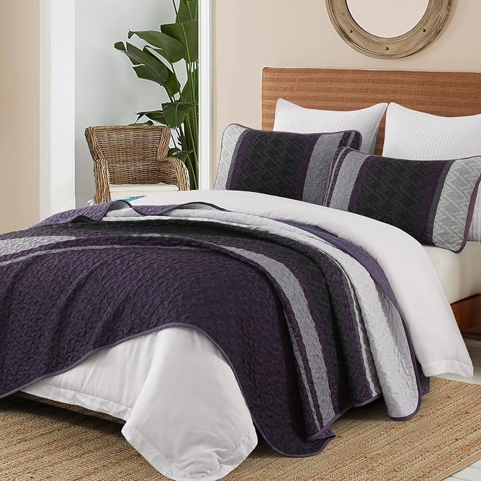 Dinjoy California King Quilt Set Purple, Striped Bedspread, Bedding Sets | 3 - Image 4