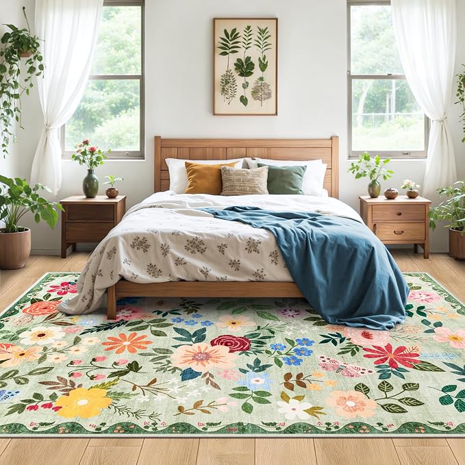 PLHXFR Area Rug Living Room: 5x7 Floral Washable Boho Soft Carpet Green | - Image 3