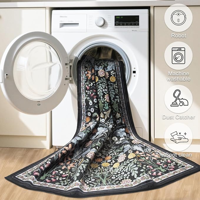 PLHXFR Area Rug Living Room: 4x6 Floral Washable Boho Carpet Dark Black | - Image 6