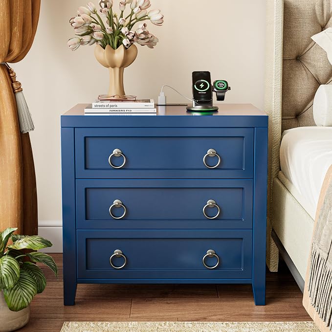 Huuger Paint Night Stand with Charger Station, 3 Drawer Nightstand Set of 2 | - Image 3