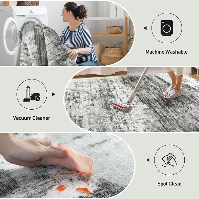 8x10 Area Rugs for Living Room: Washable Abstract Black Grey Badroom Carpet | - Image 4