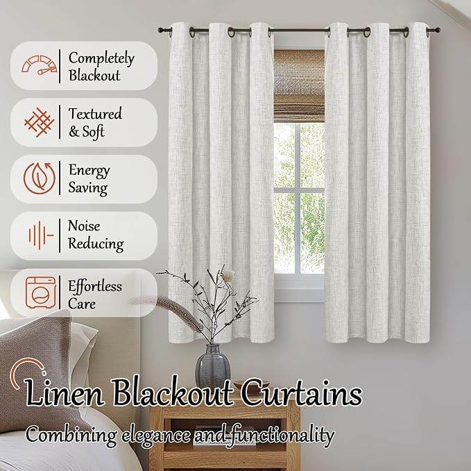 Light Grey Linen Blackout Curtains 63" Long Each 38 Wide 2 Panels | Thermal - Image 2
