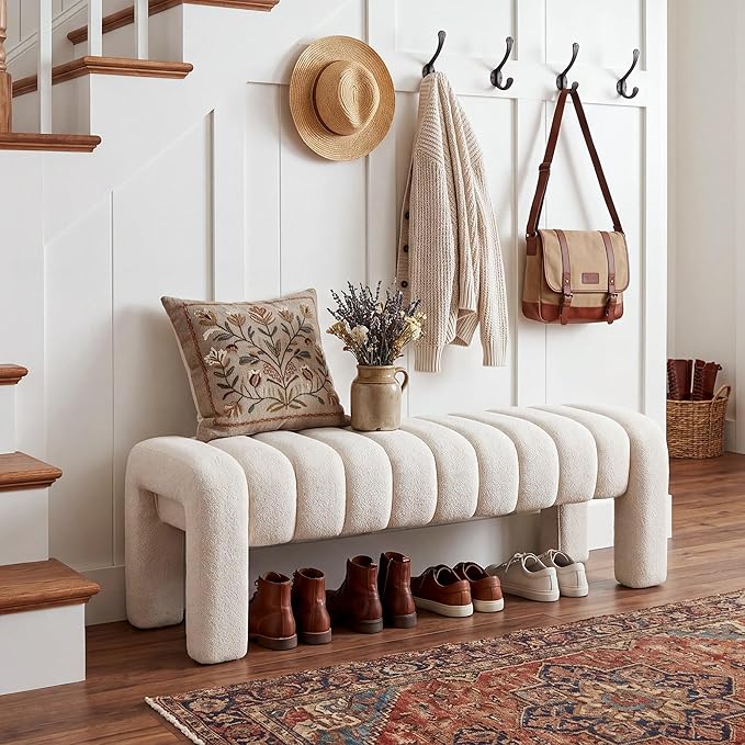 43" End of Bed Bench, Linen Beige | Channel Tufted Upholstered, Entryway Bench - Image 3