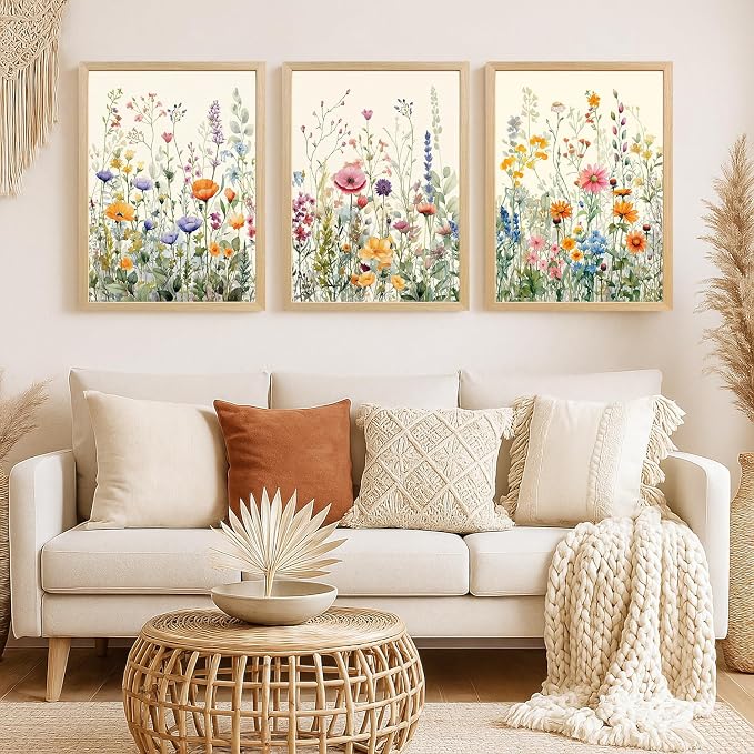 LLEEMPI Colorful Floral Wall Art Set of 3, 12x16 Wood Framed Canvas Prints | - Image 5