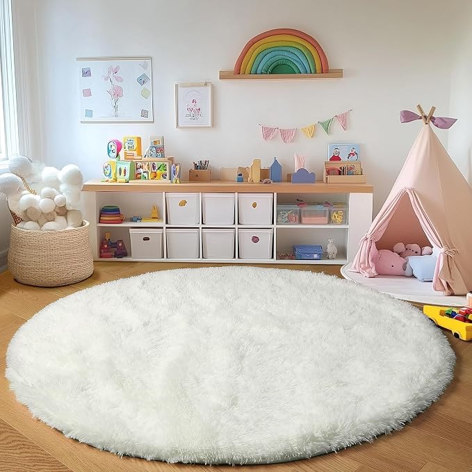 Cream White Round Rugs 7ft for Living Room, Ivory Fluffy Bedroom Circle Area Rug - Image 6