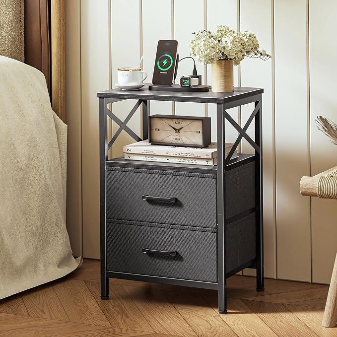 Huuger Night Stand with Charger Station, USB-C Port, End Table | 2 Drawer - Image 2