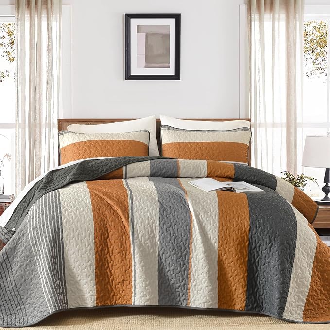 Dinjoy Queen Boho Striped Quilt Set, Breathable All-Season, 3-Piece Set Fits - Image 3