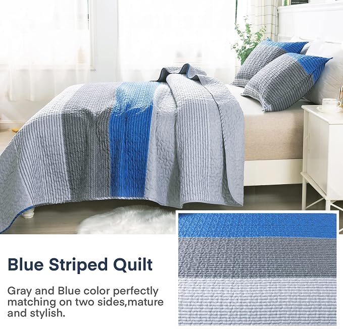 California King Quilt Set Gray Blue, 3 Pieces Bedspreads | Ultra Soft - Image 5