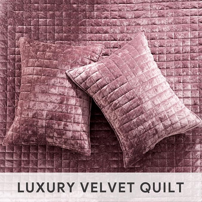 RECYCO Channel Box Stitch Velvet Quilt Set, Queen Size, Dusty Mauve Pink | - Image 4