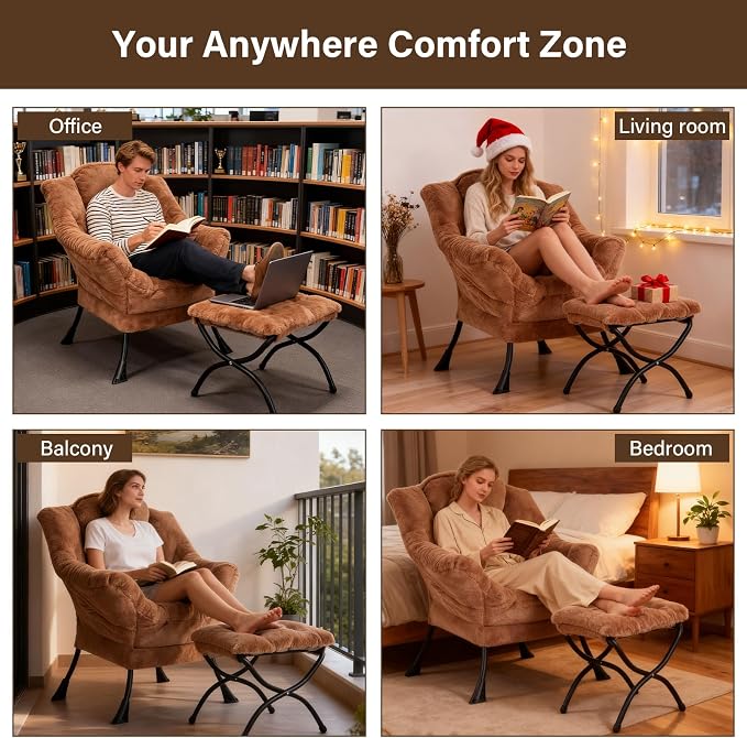 Welnow Lazy Chair with Ottoman, Reading Chair with Footrest, Plush Brown | A - Image 7