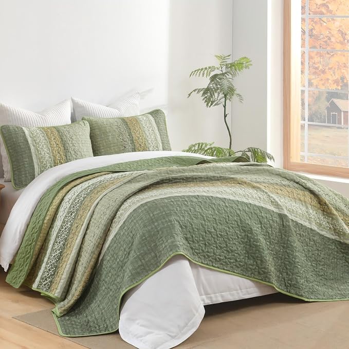 Cottolester Sage Green King Quilt Set, Sunner Striped Patchwork Bedspread | - Image 2