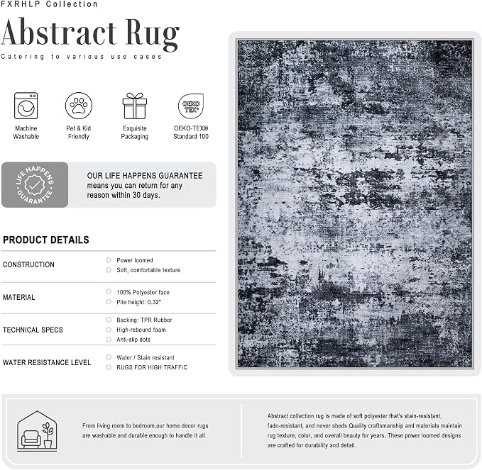 5x7 Area Rug Living Room: Modern Washable Indoor Carpet Black | - Image 2