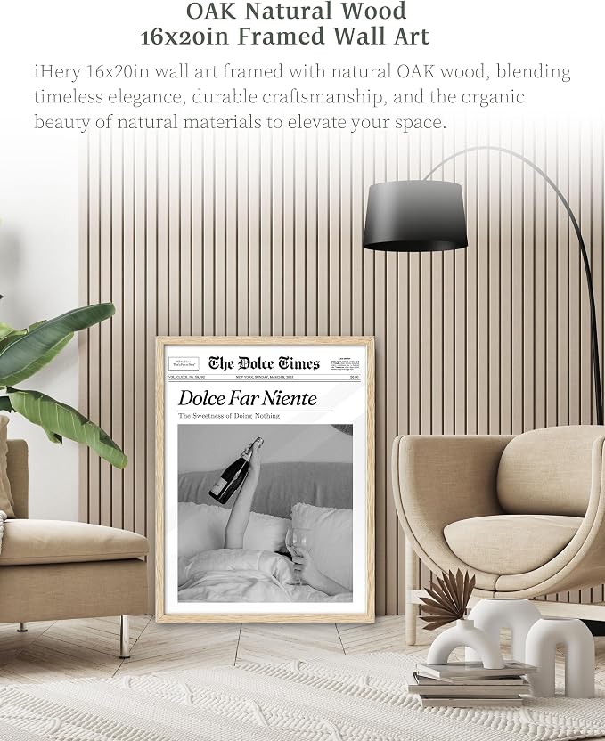 iHery 16x20in Dolce Far Niente Framed Newspaper Wall Art | Natural OAK Wood - Image 2