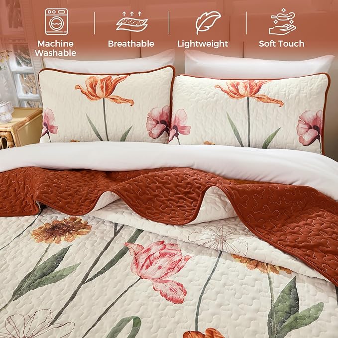 WONGS BEDDING Floral Quilt Set King, Shabby Chic Terracotta Cream Floral - Image 4