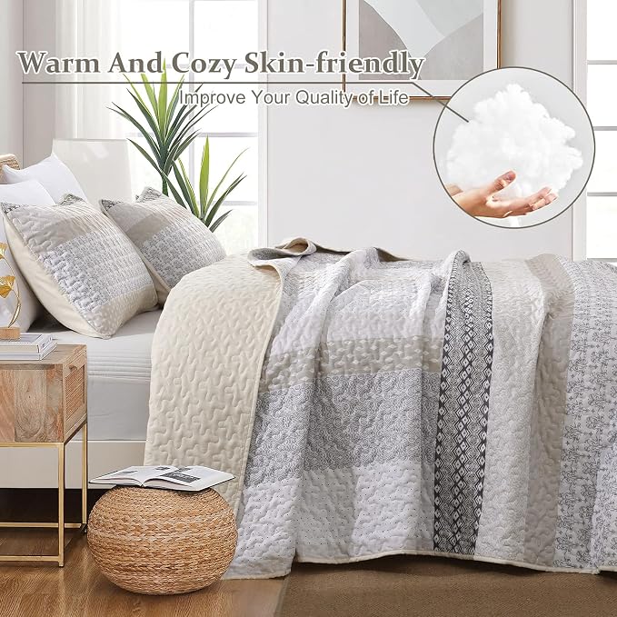 WONGS BEDDING Beige Quilt Queen Size, 3 Pieces Boho Stripe Bedspread | - Image 5