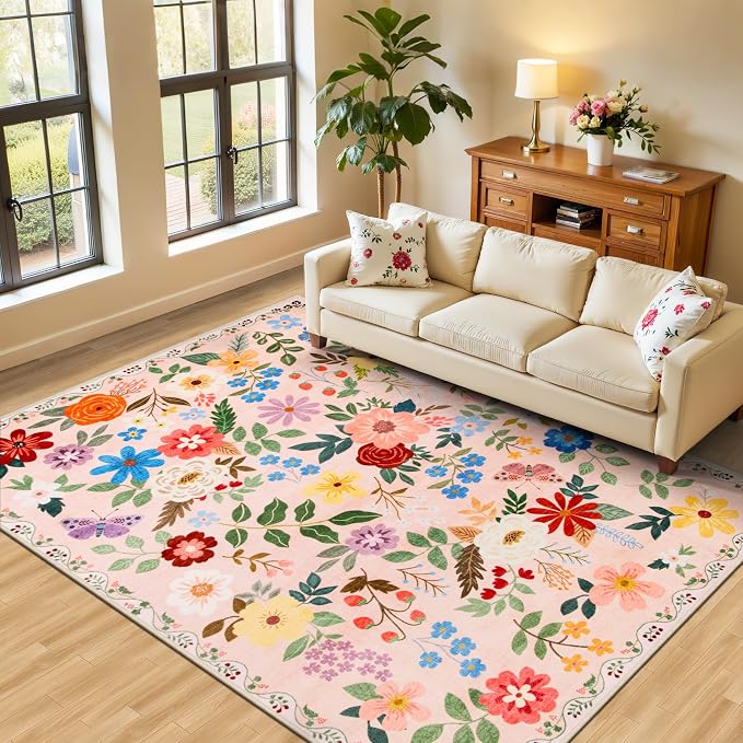 PLHXFR Area Rug Living Room: 4x6 Floral Washable Boho Soft Carpet Beige | by PLHXFRSoftAreaRugs