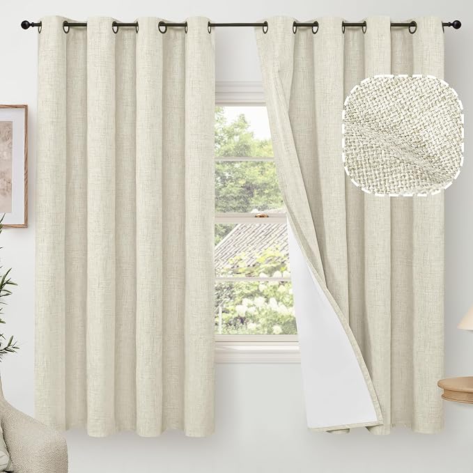 Natural Linen Blackout Curtains 63 Inch Long Each 60 Wide 2 Panels | Thermal by Lajode