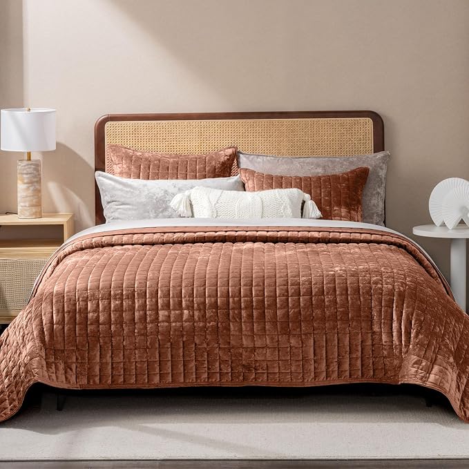RECYCO Channel Box Stitch Velvet Quilt Set, Full Queen Size, Terracotta | Ultra - Image 3