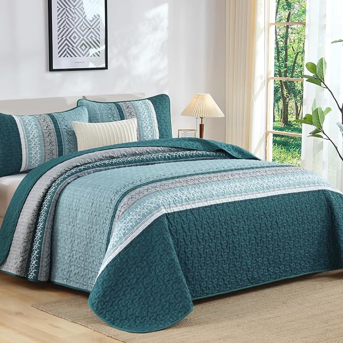 Cottolester Teal Quilt Set Queen Size, Soft Striped Texture Quilt Set 3 Pcs | - Image 2