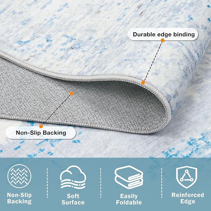 5x7 Washable Area Rug for Living Room Bedroom: Non-Slip Modern Light Blue | - Image 5