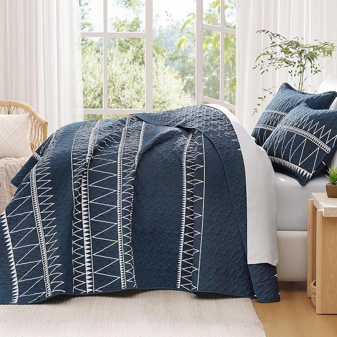 Navy Oversized King Quilt Set, 3 Pieces Boho Striped Bedspread | Soft - Image 7