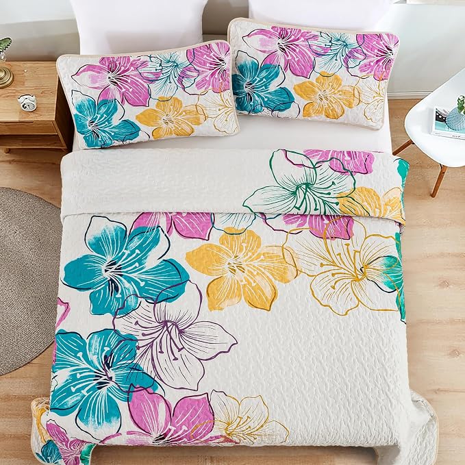 DJY Romantic Pink Teal Quilt Set Queen Size, 3 Pieces Colourful Floral - Image 3