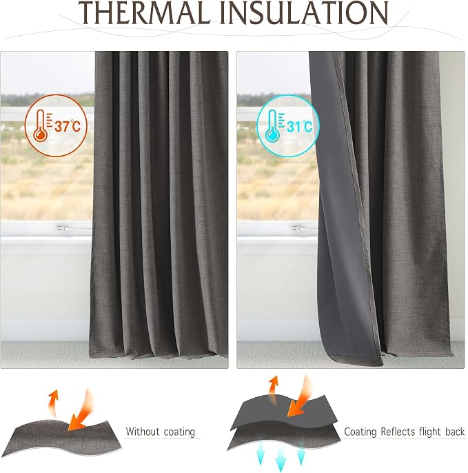 RYB HOME Pinch Pleated Back Tab Curtains Linen Textured 100% Blackout Curtains - Image 5