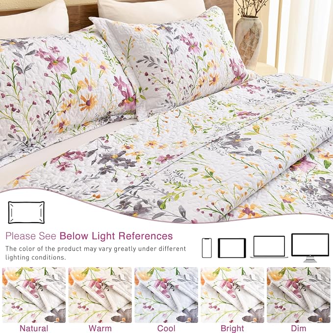 QSH 100% Cotton Quilt King Size Bedding Set 3Pcs Floral Quilt Set Yellow Wild - Image 8