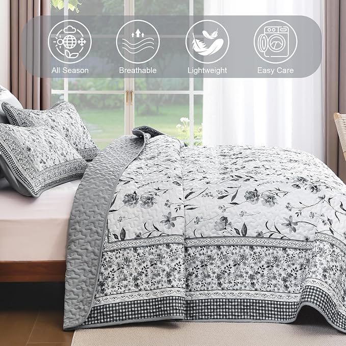WONGS BEDDING Floral Quilts Set Queen, Microfiber Lightweight Farmhouse Bed - Image 5