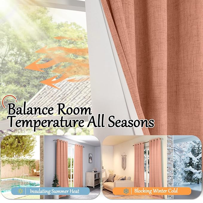 Terracotta Linen Blackout Curtains 63" Long Each 60 Wide 2 Panels | Thermal - Image 6