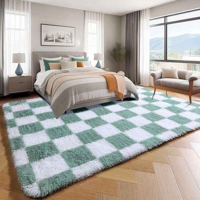 KICMOR Living Room Rugs 5x8 Sage Green and White, Large Fluffy Furry Shaggy - Image 3